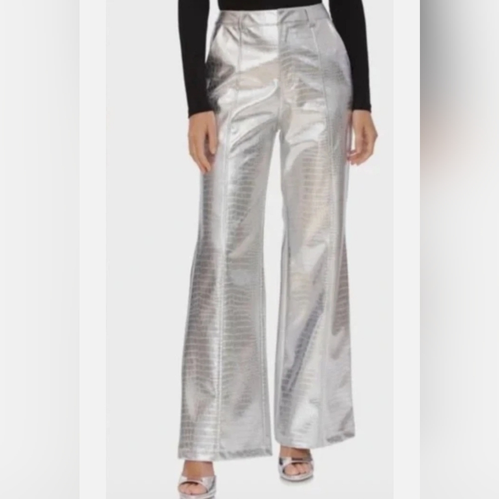 Anthropologie Avec Les Filles Silver Croc Faux Leather Metallic Wide Leg Pants 4
